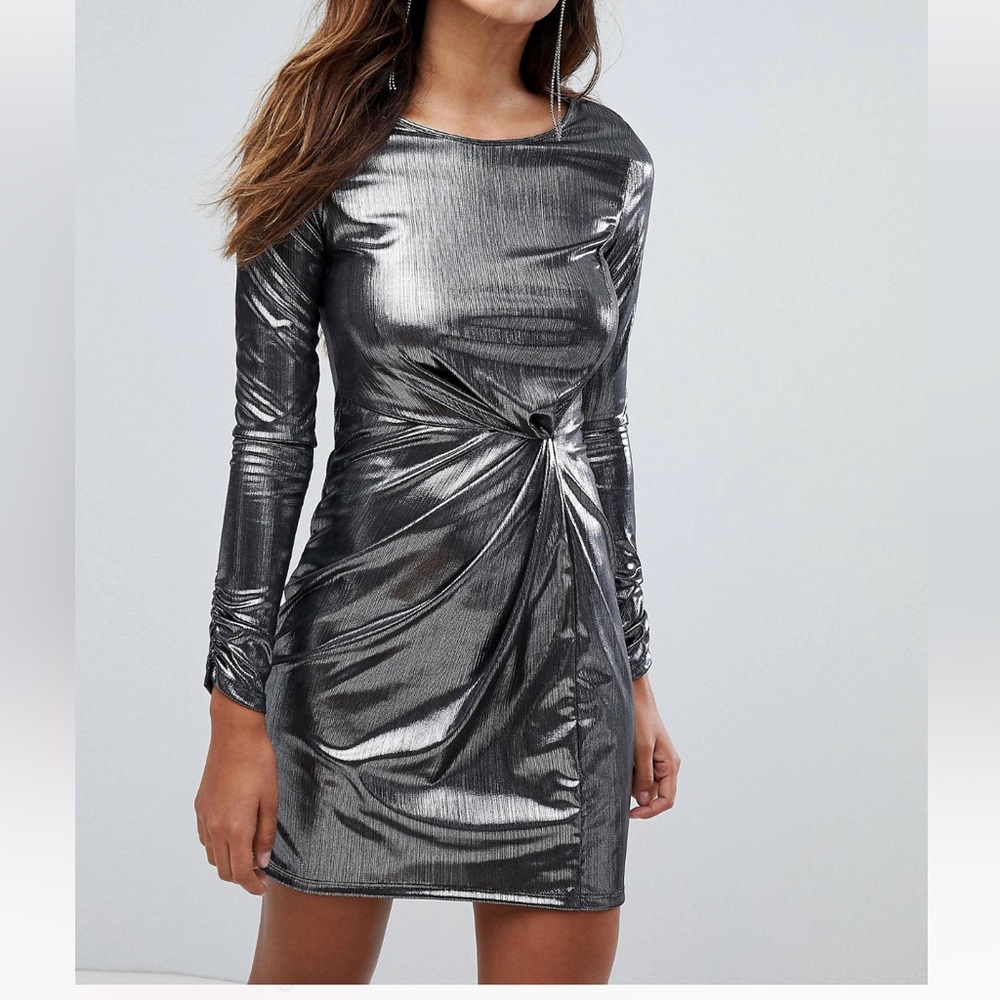 Miss Selfridge Metallic Knot Front Foil Mini Dress